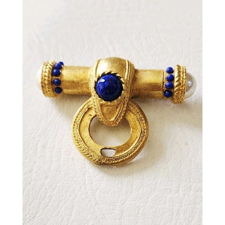 Les Bernard Signed Moghul Blue Faux Lapis Pearl Brooch Pin Vintage 2.25